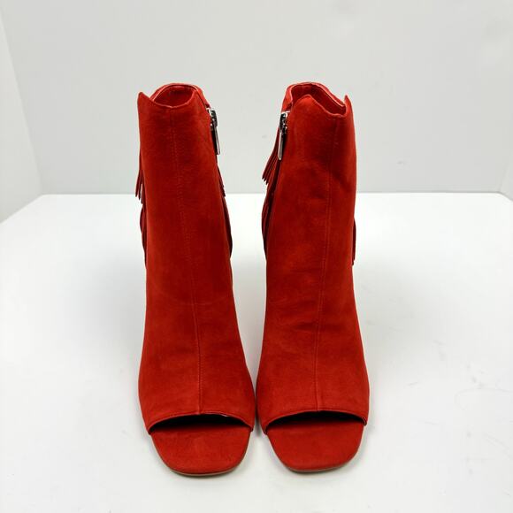 NEW Vince Camuto Amenala Bright Red Faux Suede Western Fringe Peep Toe Bootie - Picture 3 of 14